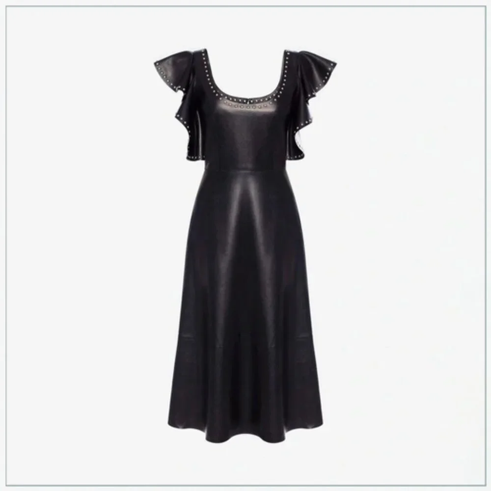 $8990 Alexander McQueen Studded Trim Lamb Leather Ruffle Runway Midi Dress - Picture 2 of 11